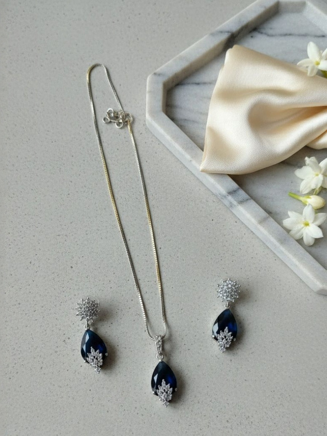 M Mod Con Silver-Plated Artificial Stones Studded Pendant With Earrings