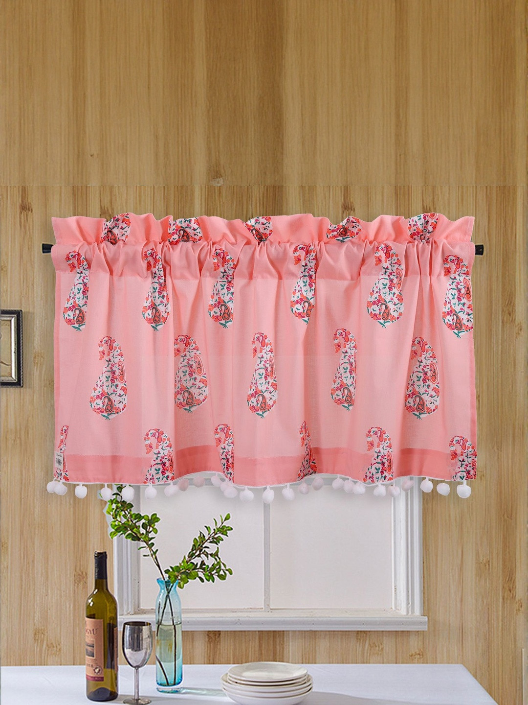 HANDICRAFT PALACE Pink & White Paisley Printed Cotton Window Curtain