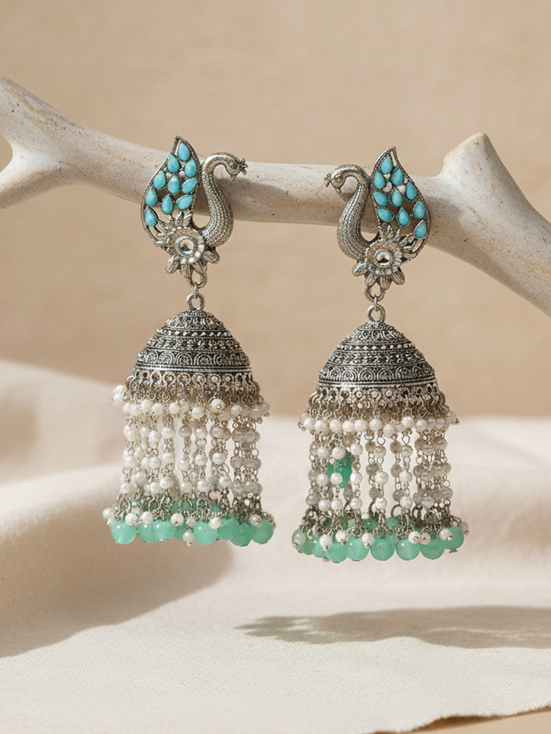 KARATCART Peacock Shaped Oxidised Jhumka Earrings