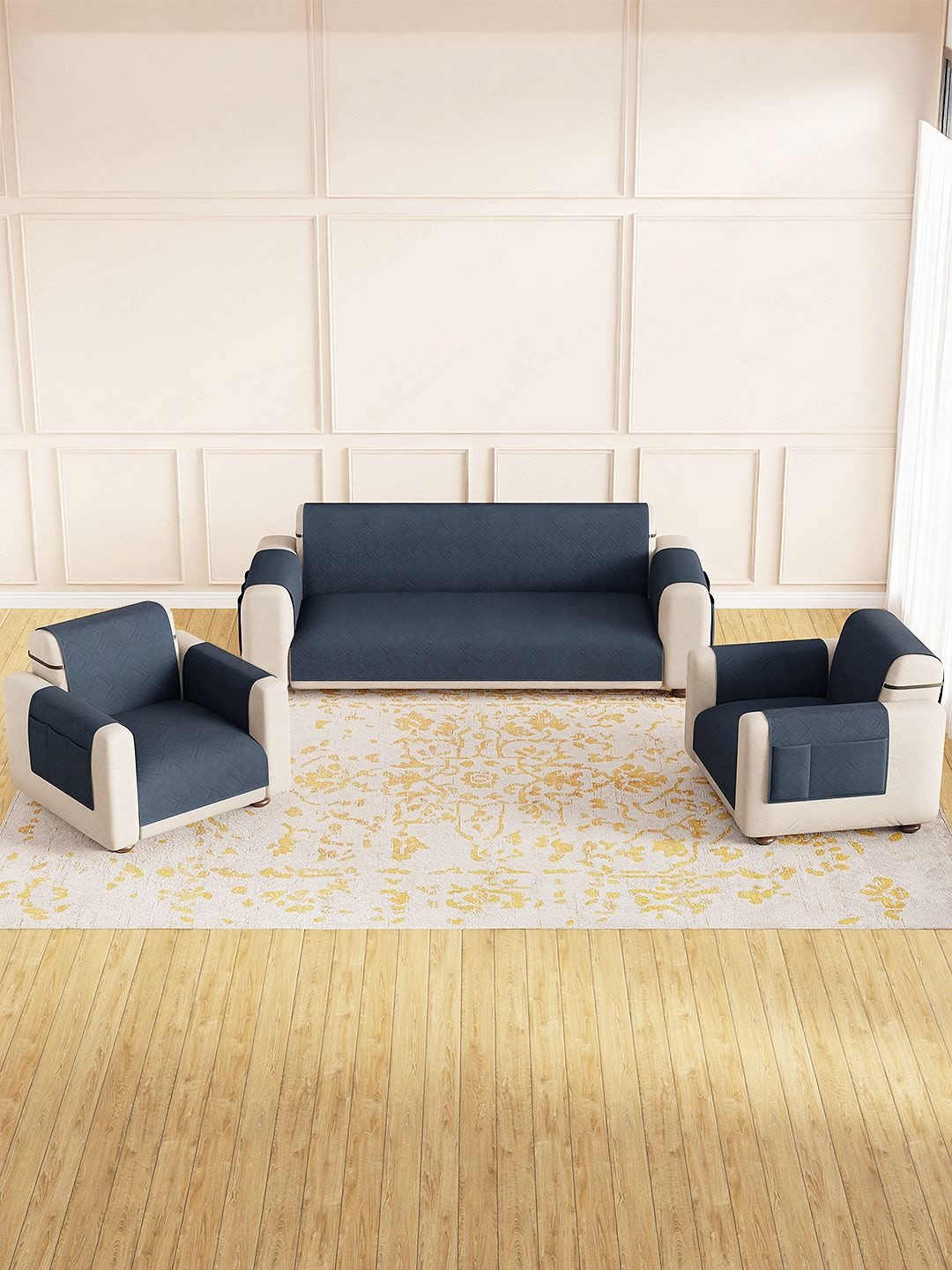 Lukzer 3 Pieces Reversible Straight 5 Seater Sofa Cover With Arms