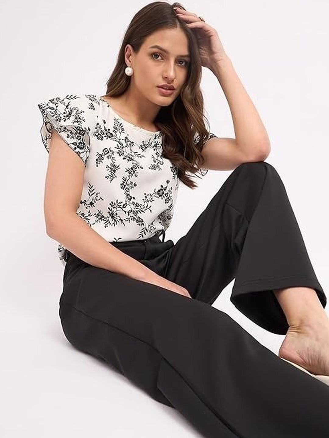 FRAZIX Women Floral Print Flutter Sleeve Crepe Regular Top