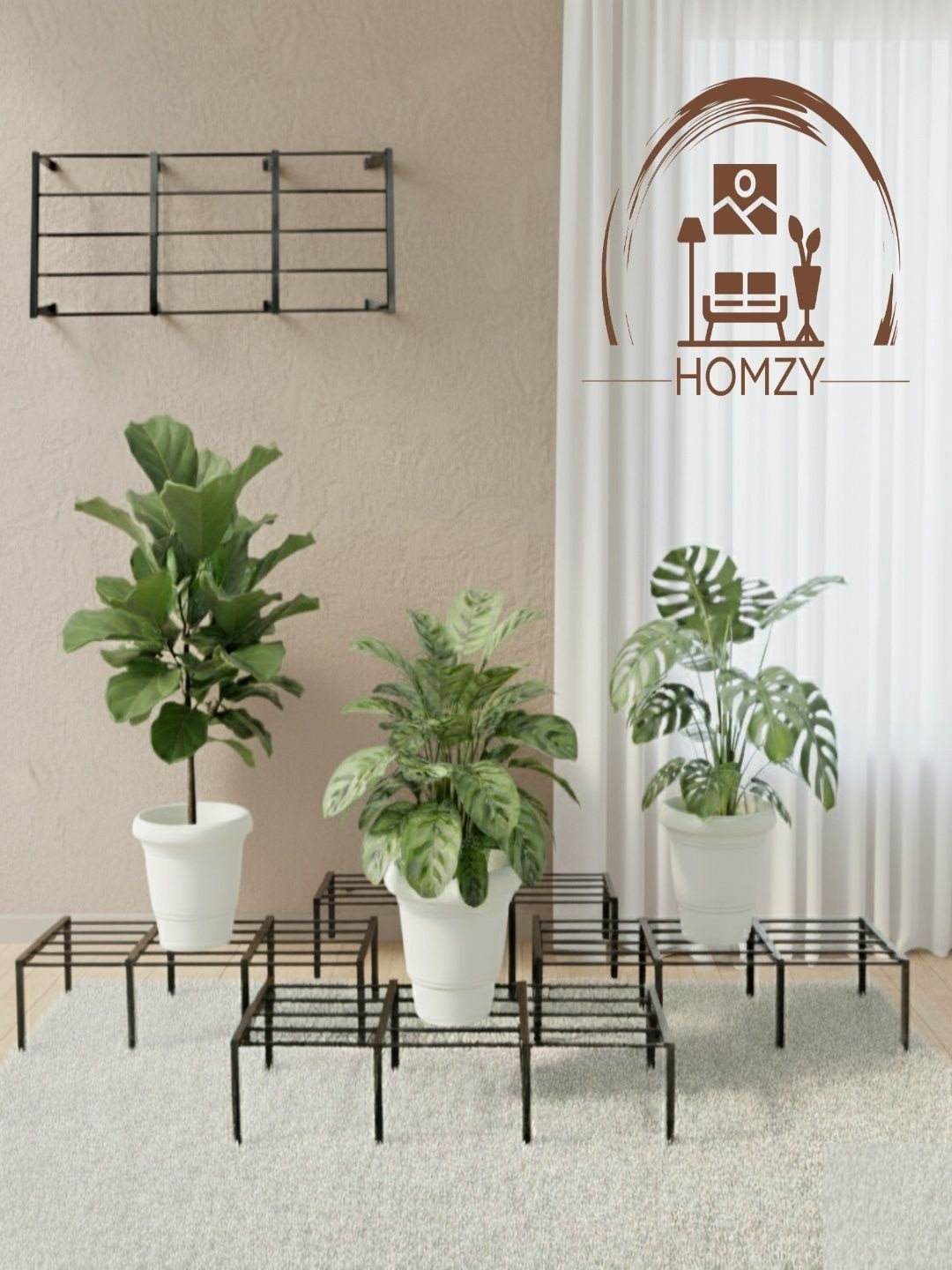 HOMZY DECOR 4 Pieces Black Textured Metal Planter Stands