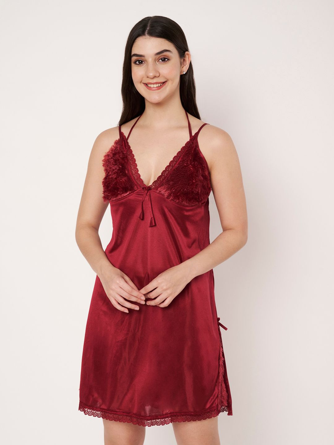 ETC Women Fur Details Halter Neck Nightdress