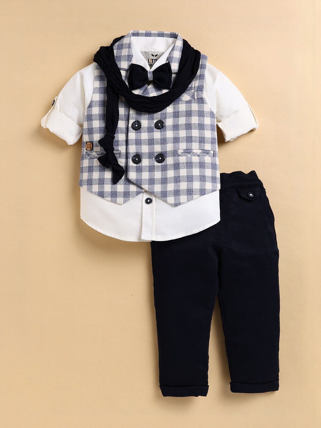 LITTLE COLLARS Boys 4-Piece Cotton Regular Fit Double Breasted Suit