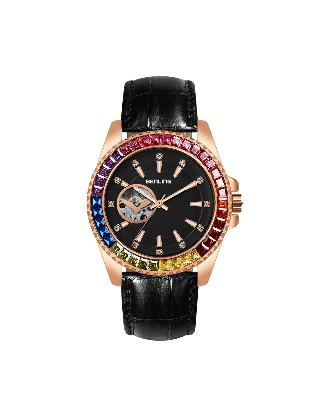 BENLING Men Dial & Leather Straps Analogue Automatic Watch BL-0007-GOLD-BLK STR