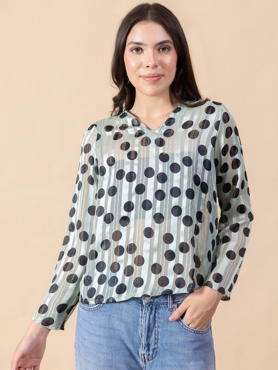 Masami Women's Poly Satin Stripe Polka Dot Green Top