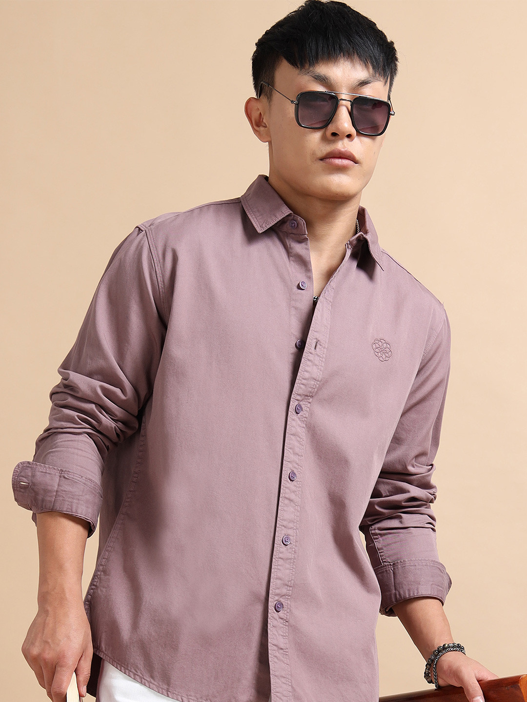 StitchX Men Electric Lavender Regular Fit Embroidered Logo Long Sleeve Shirt