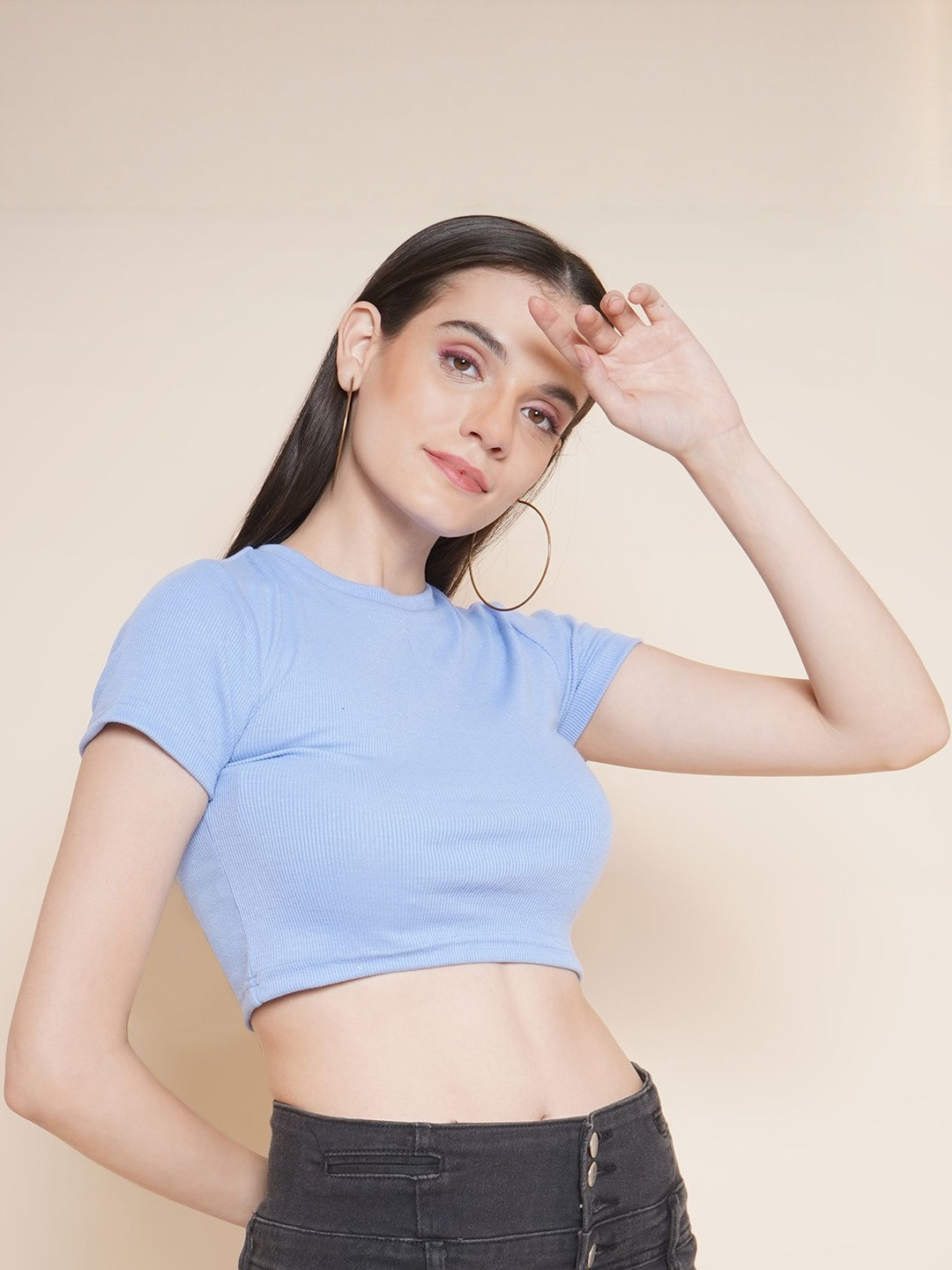 CORSICA Women Ribbed Round Neck Short Sleeve Fitted Crop Top