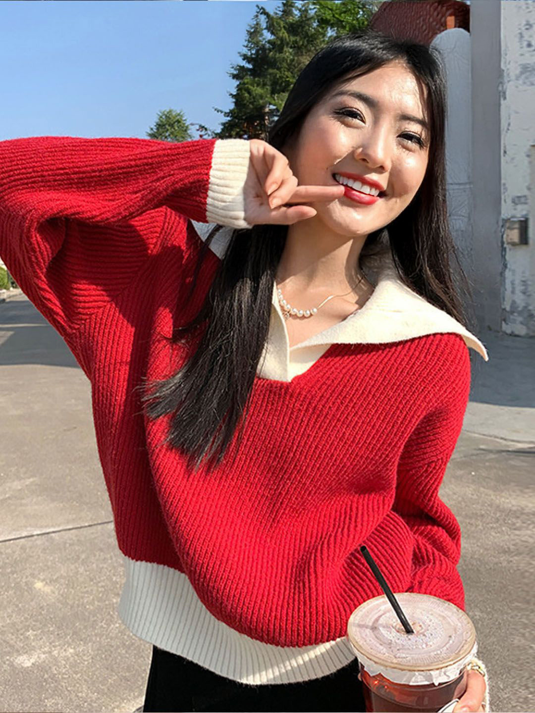 StyleCast Women Ribbed Spread Collar Oversized Pullover Sweaters