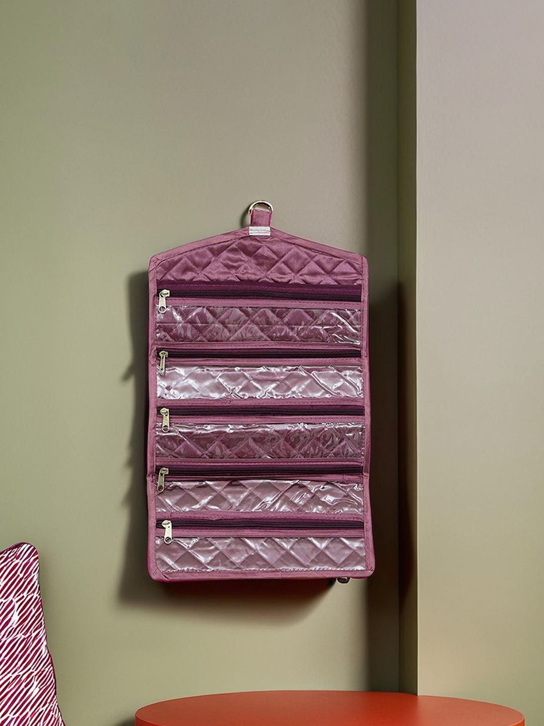 Kuber Industries Purple 5 Pouches Satin Foldable Jewellery Organiser