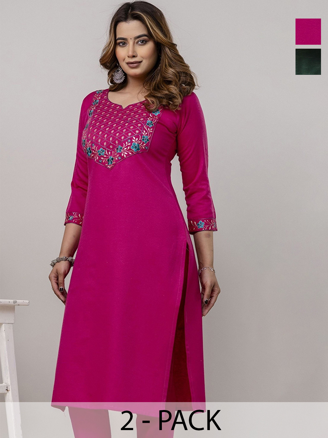 AUZAAI COLLECTION Selection Of 2 Thread Work Round Neck Straight Cotton Kurtas