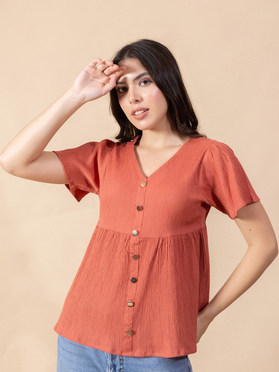 Masami Women's Snake Crepe Solid Orange Top