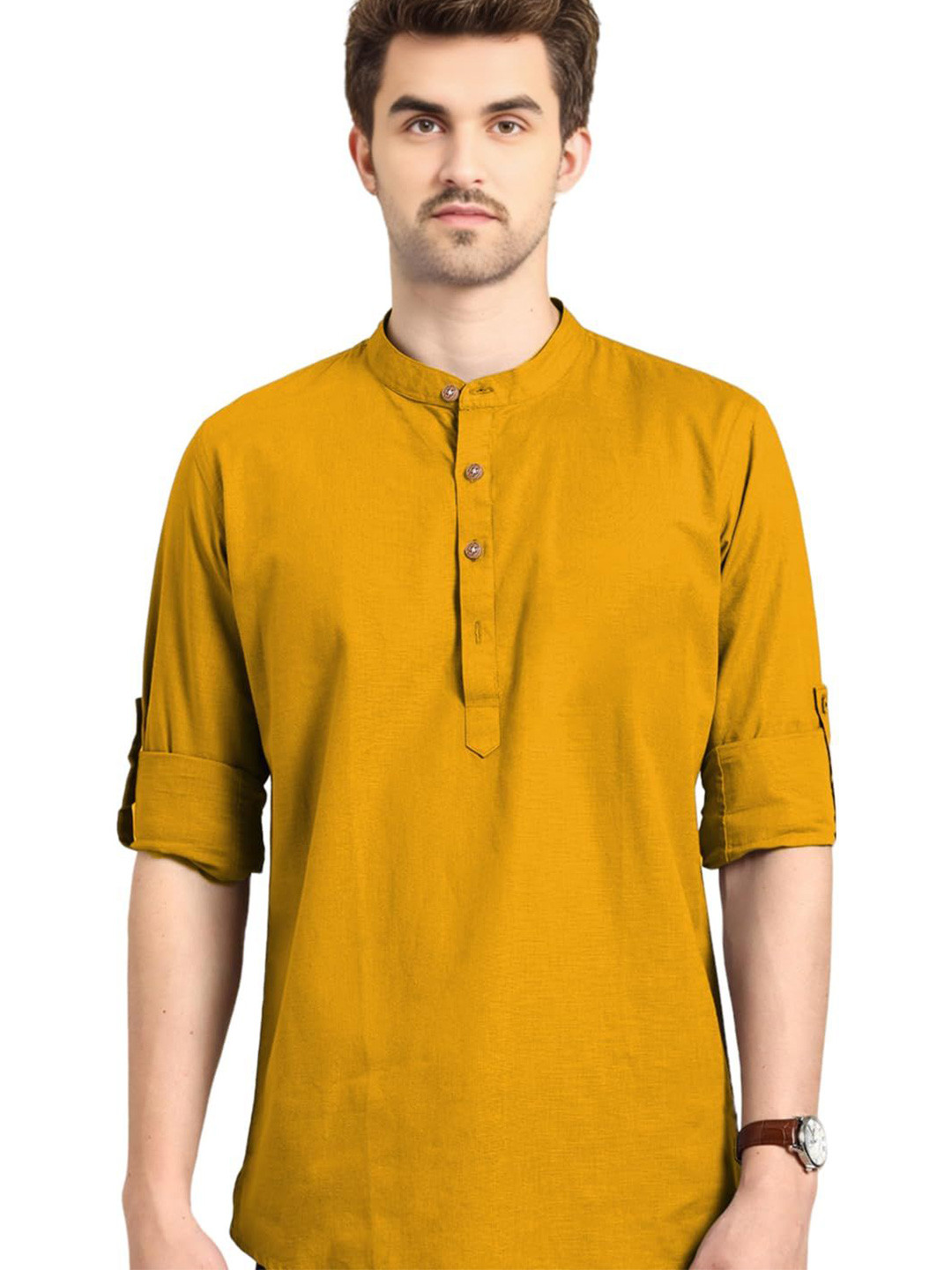 Yugnik Mandarin Collar Roll-Up Sleeves Short Kurta