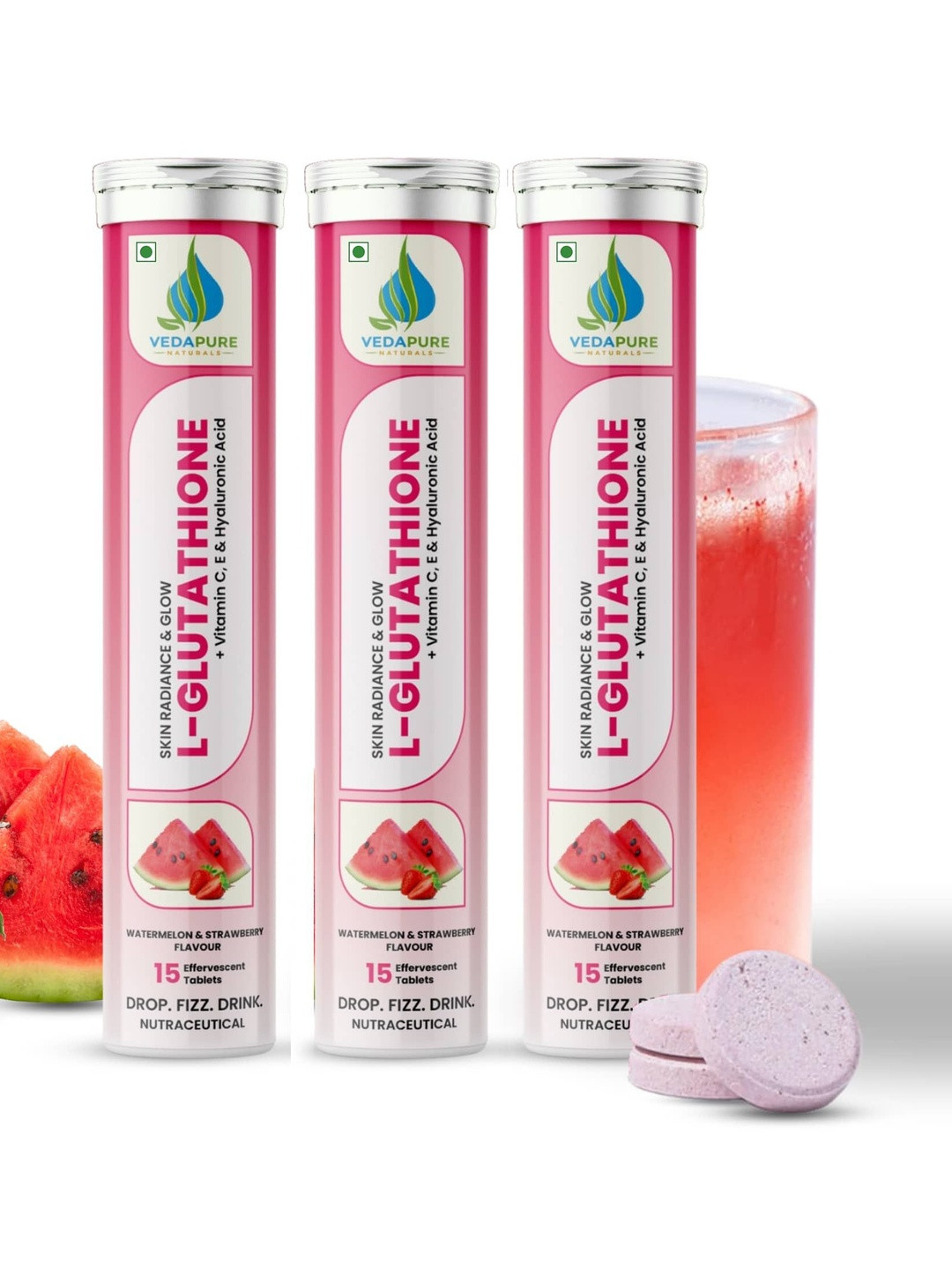 VEDAPURE Set Of 3 L-Glutathione Effervescent Tablets-  15 Tablets Each- Watermelon