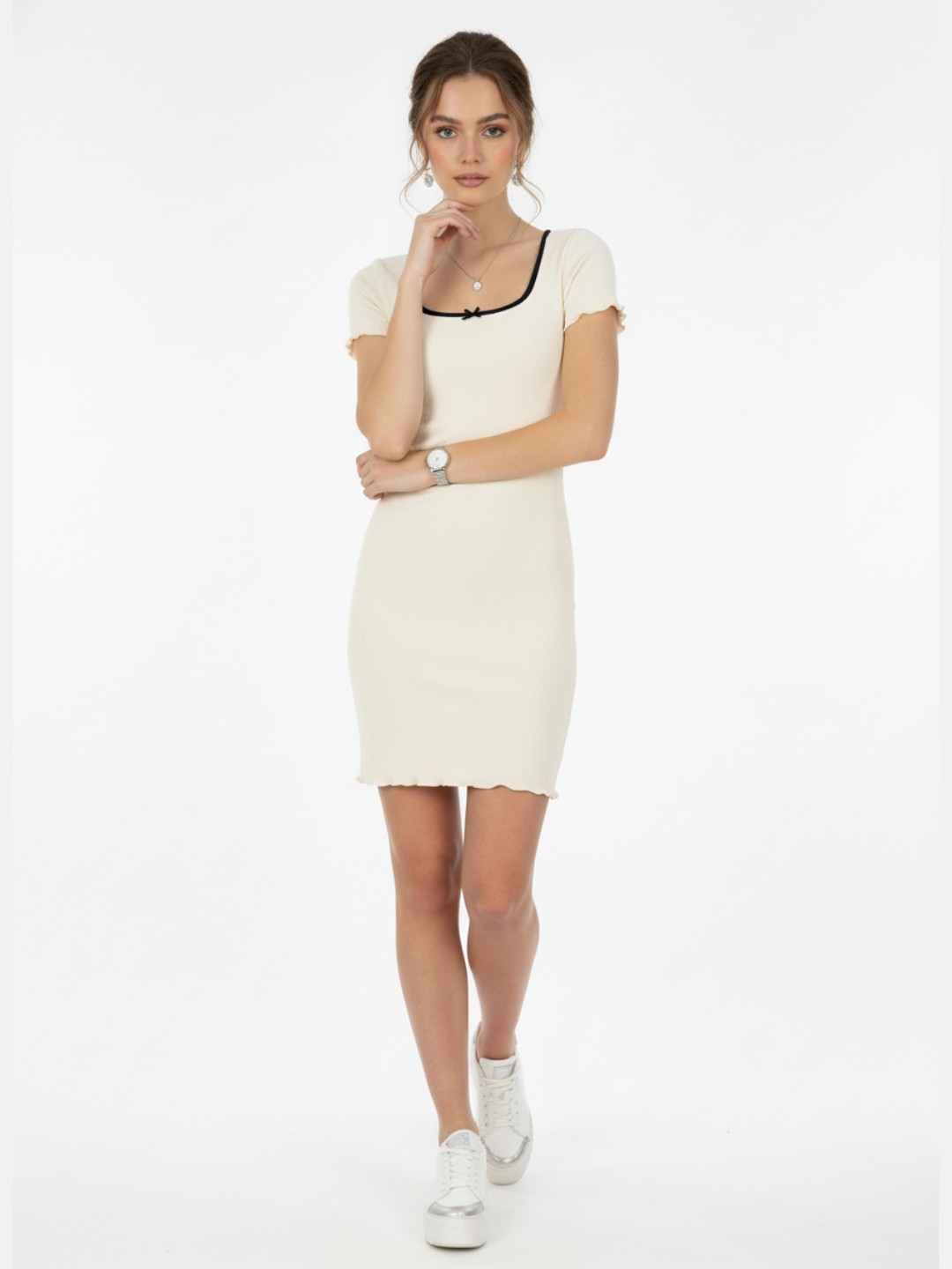 Off White Scoop Neck Self Striped Mini Bodycon Dress