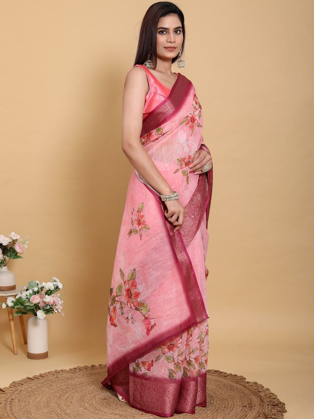 GOHILL ENTERPRISE Floral Pure Linen Saree