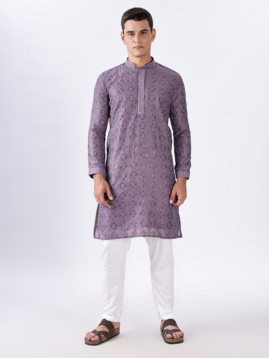Anouk Purple Ethnic Embroidered Mandarin Collar Sequinned Lucknowi Cotton Straight Kurta
