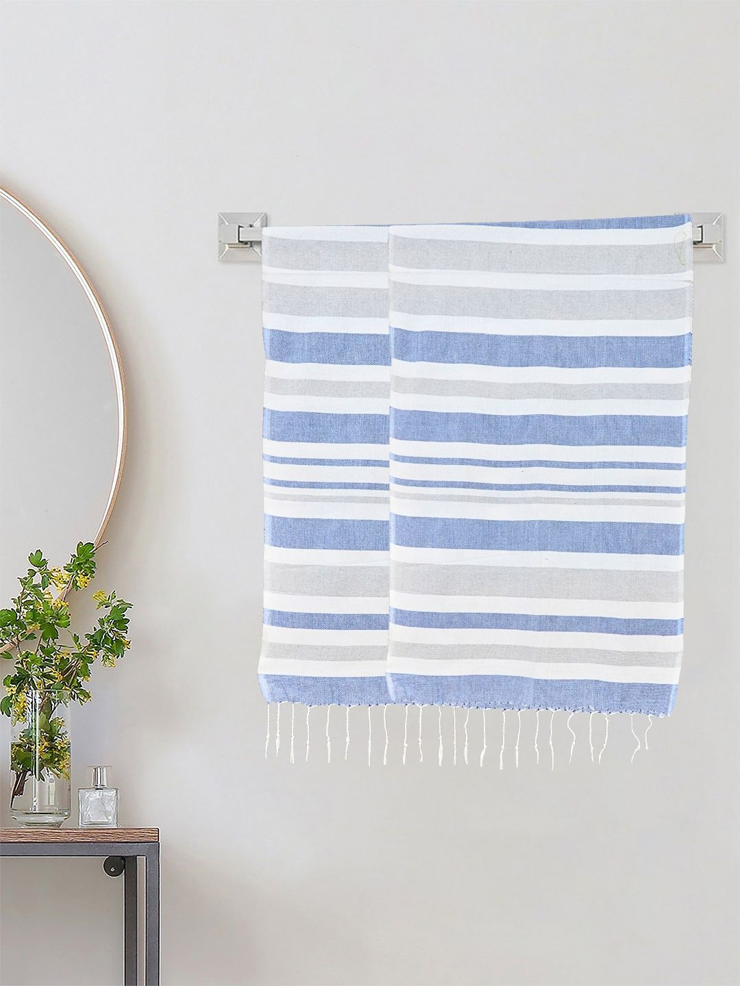 KLOTTHE Blue Striped Pure Cotton 233 GSM 2 Pieces Adult Bath Towels-59 Inch X 29.5Inch