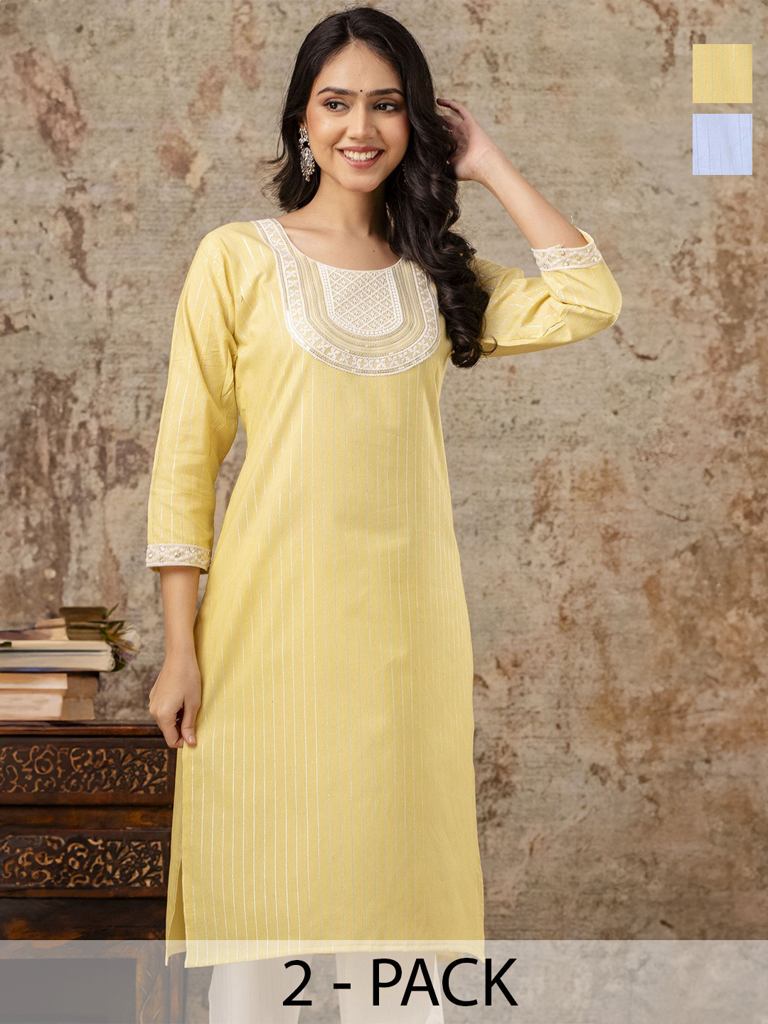 AUZAAI COLLECTION Selection Of 2 Zari Work Round Neck Pure Cotton Straight Kurtas