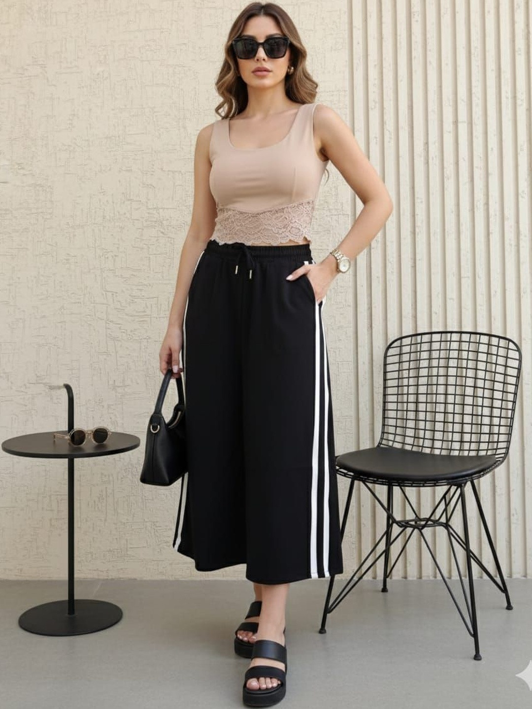HIGH BUY Women Side Striped High-Rise A-Line Midi Skirt