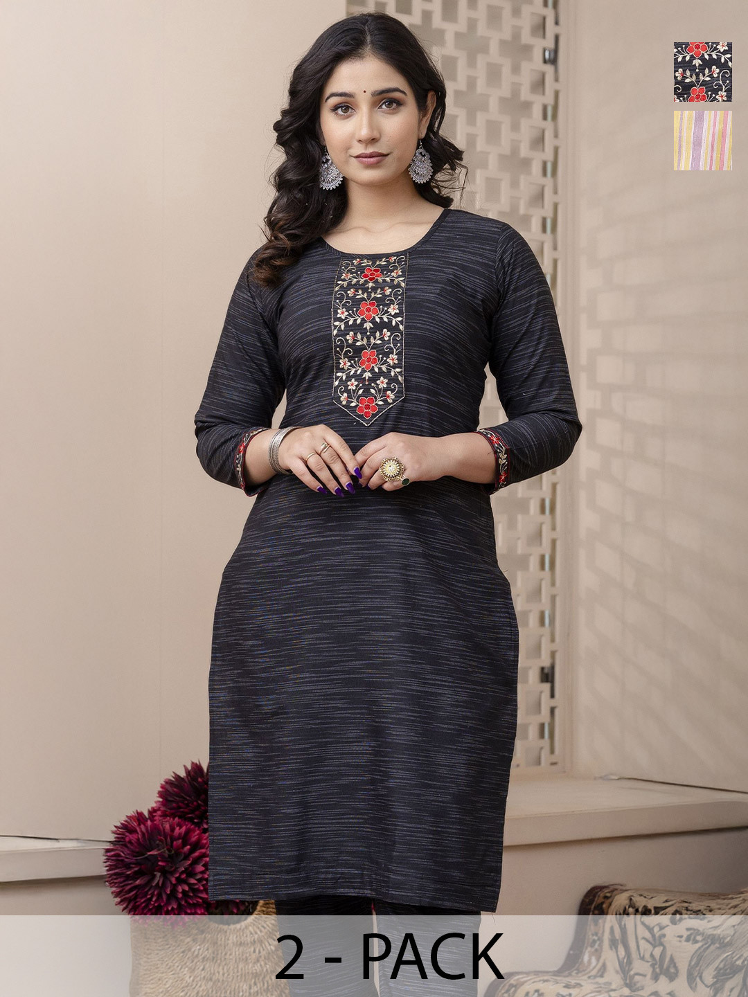 AUZAAI COLLECTIONS Selection Of 2 Ethnic Motifs Thread Work Pure Cotton Straight Kurtas