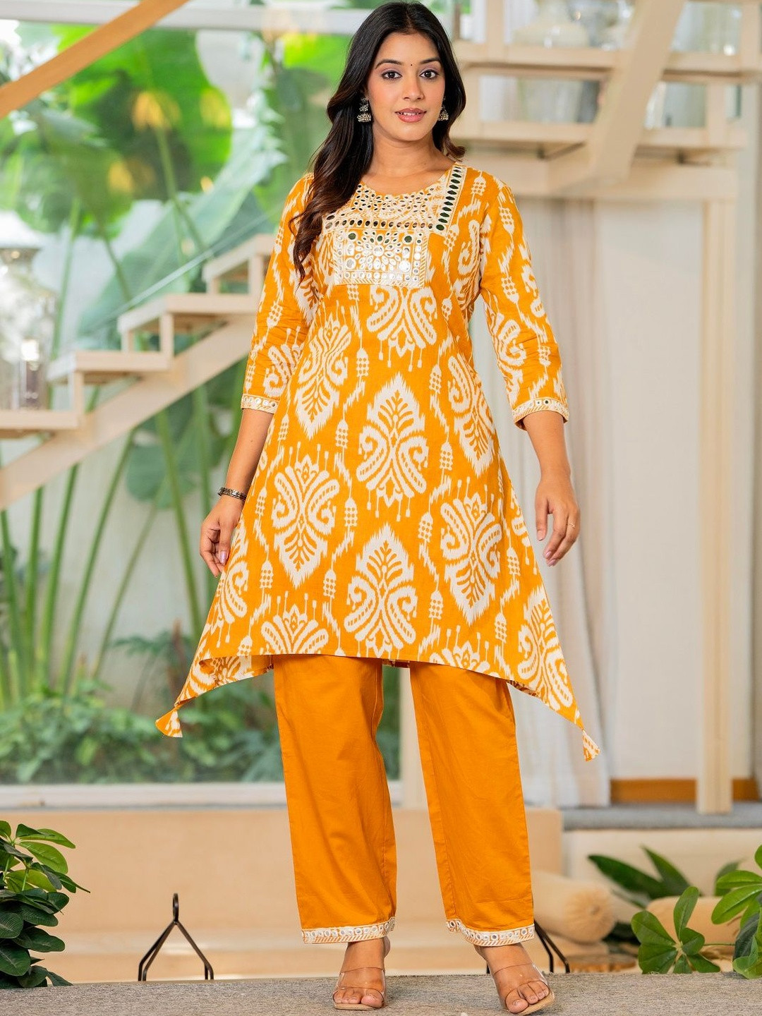 JAIPUR SARAI Ethnic Motifs Printed Regular Mirror Work Pure Cotton Kurta With Trouser