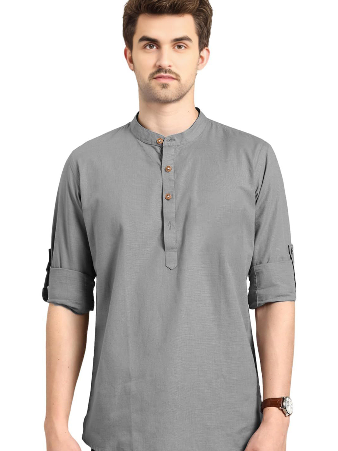 Yugnik Cotton Mandarin Collar Roll-Up Sleeves Straight Short Kurta