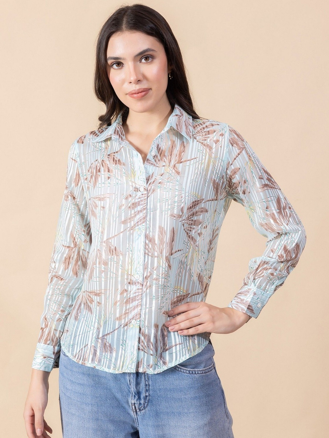 Masami Women Poly Satin Floral Blue Top