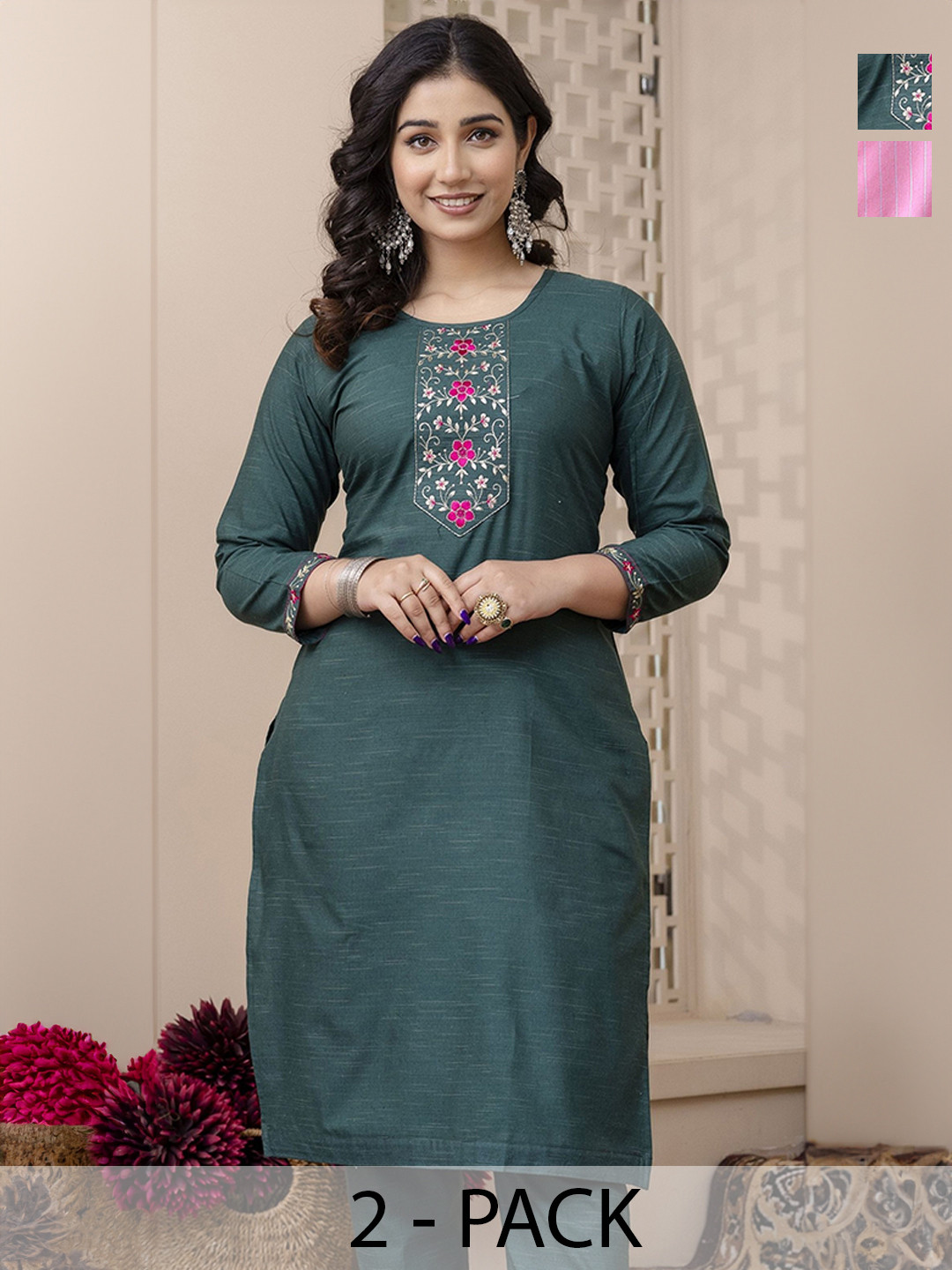 AUZAAI COLLECTION Selection Of 2 Thread Work Round Neck Straight Pure Cotton Kurtas