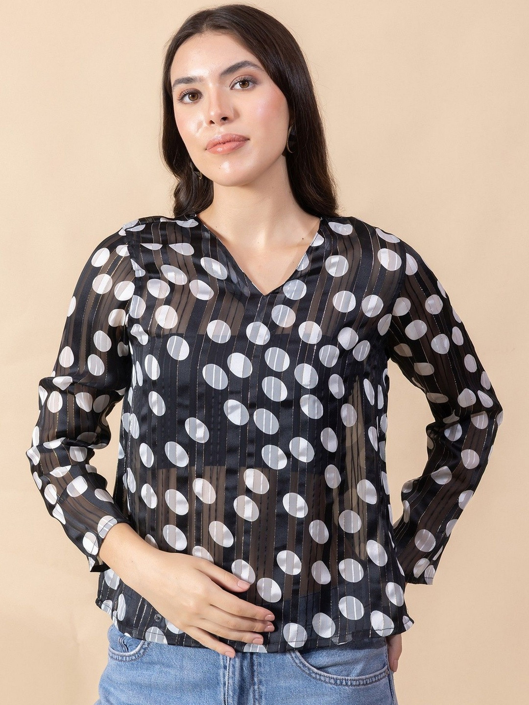 MASAMI Women Black and White Striped & Polka Dot Printed Top