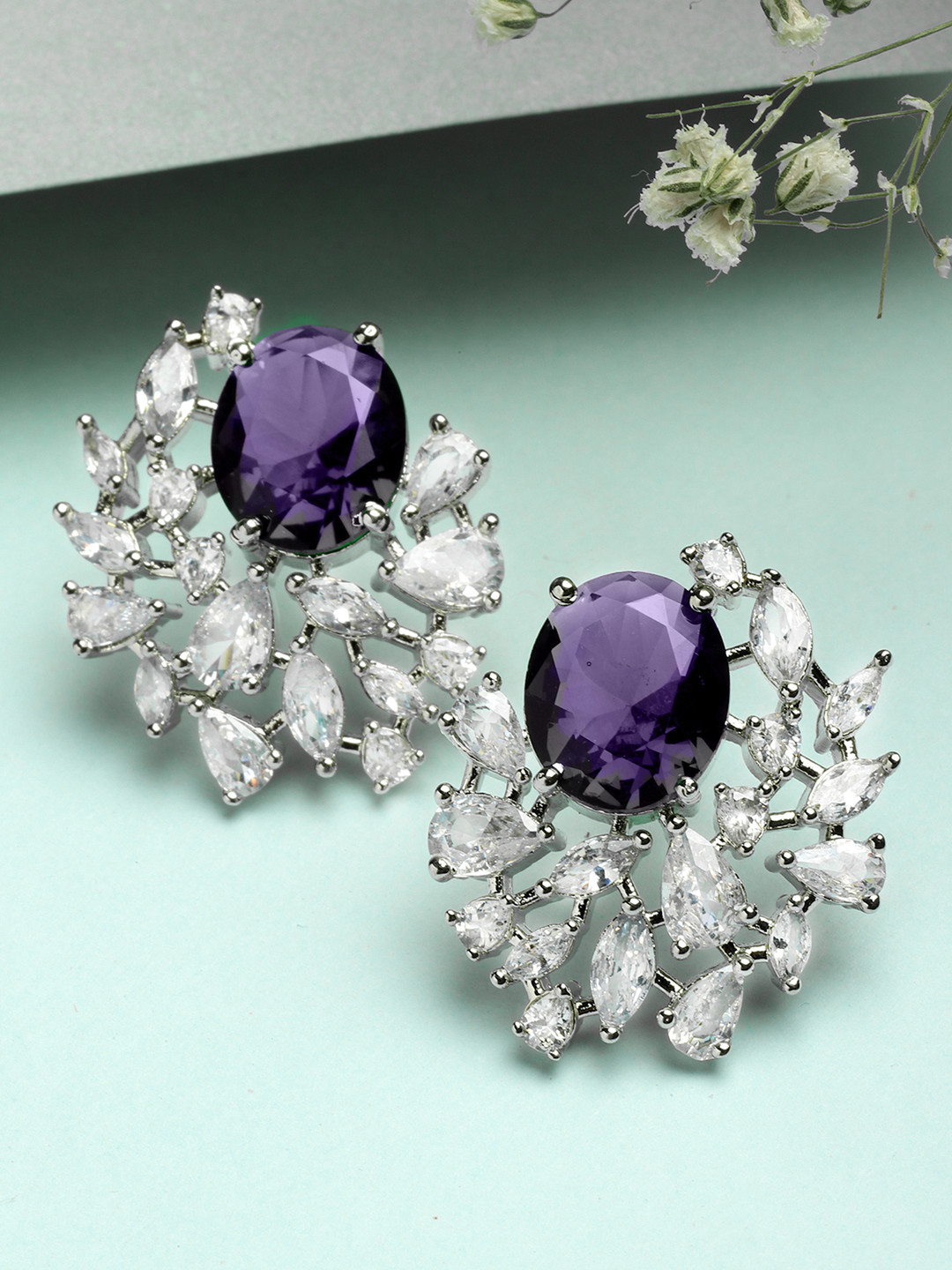 KARATCART Silver-Plated Contemporary American Diamond Studded Studs Earrings