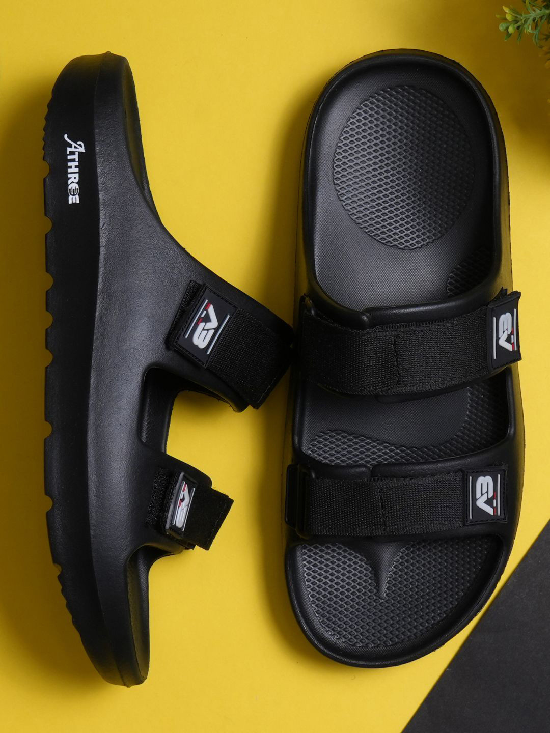 Athree Men Rubber Double Strap Slipper Sliders With Velcro Detail