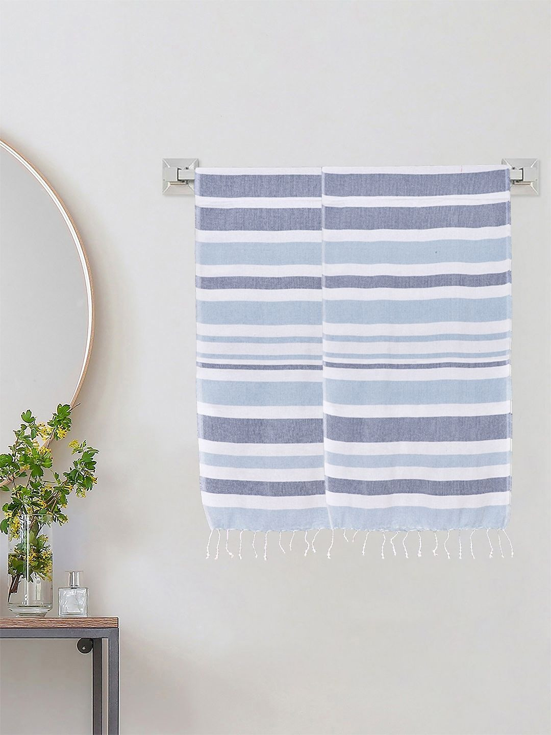 KLOTTHE Blue Striped Pure Cotton 233 GSM 2 Pieces Adult Bath Towels-59 Inch X 29.5Inch