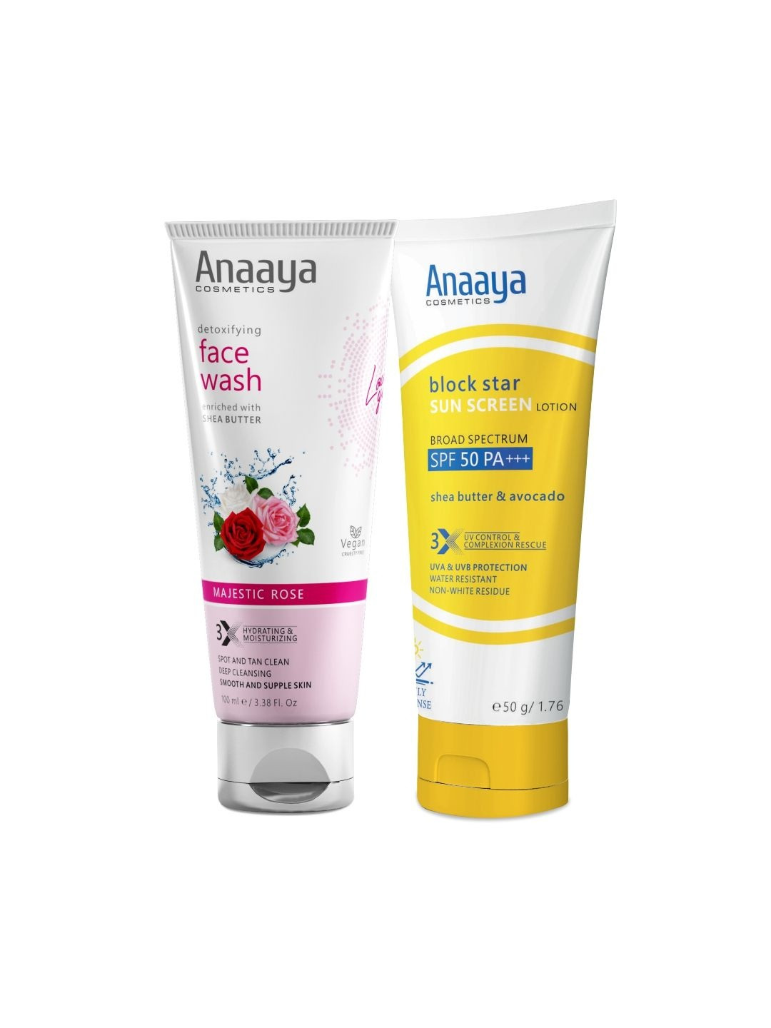 Anaaya Cosmetics Set Of 2 Block Star Sunscreen - 100 ml & Majestic Rose Face Wash - 50 g