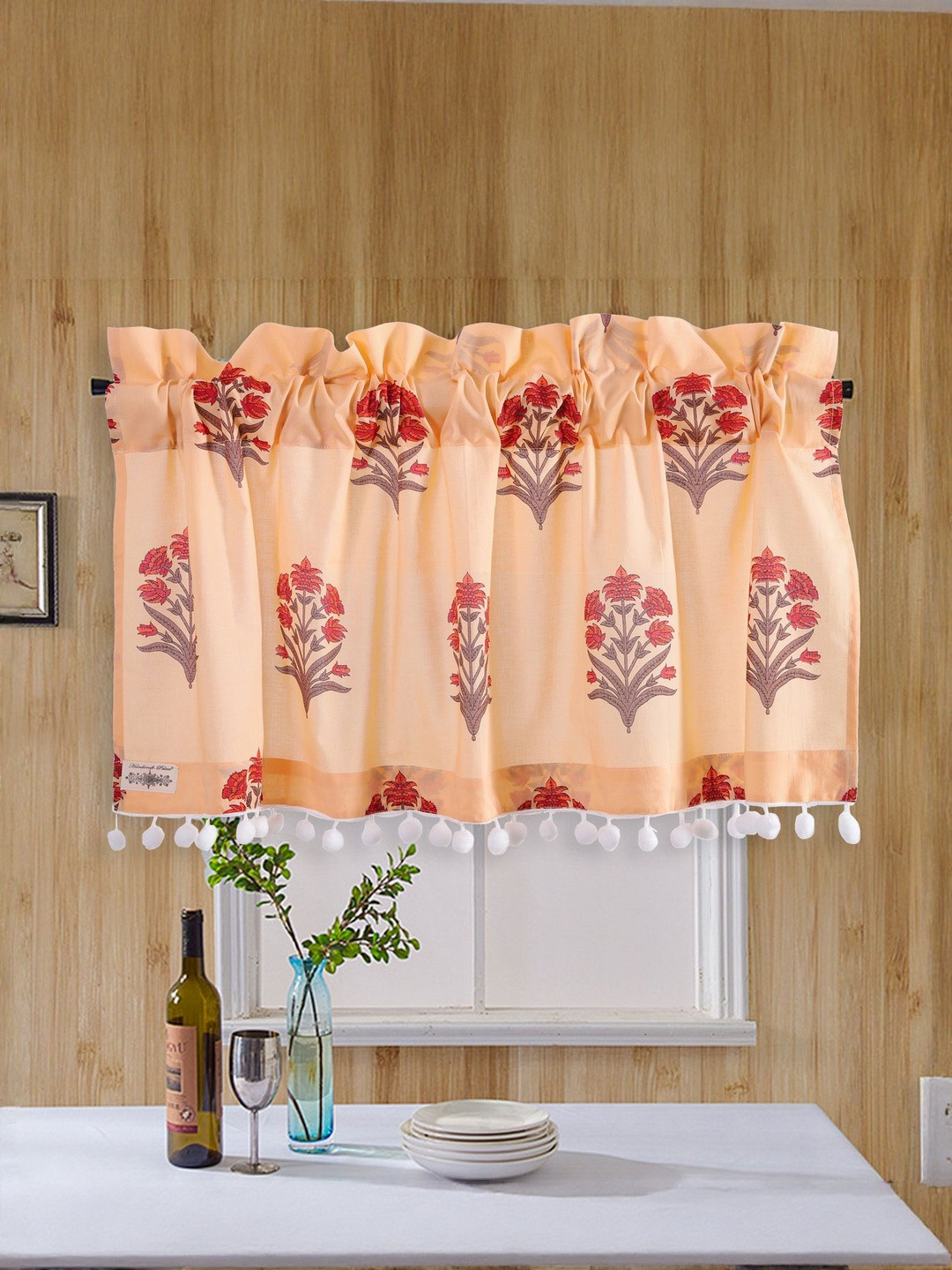 HANDICRAFT PALACE Peach Floral Printed Cotton Lightweight  Window Rod Pocket Curtain
