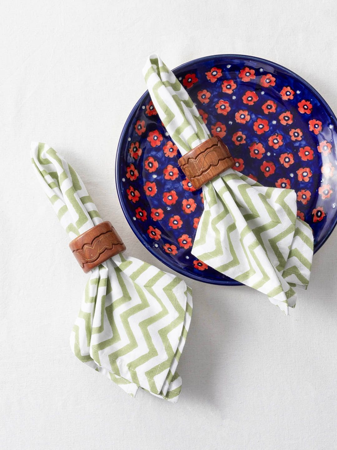 Eyaas Green & White 2 Zigzag Block Printed Pure Cotton Table Napkins