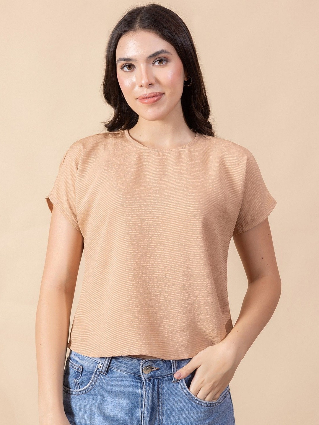 MASAMI Women Beige Self Design Striped Satin Top