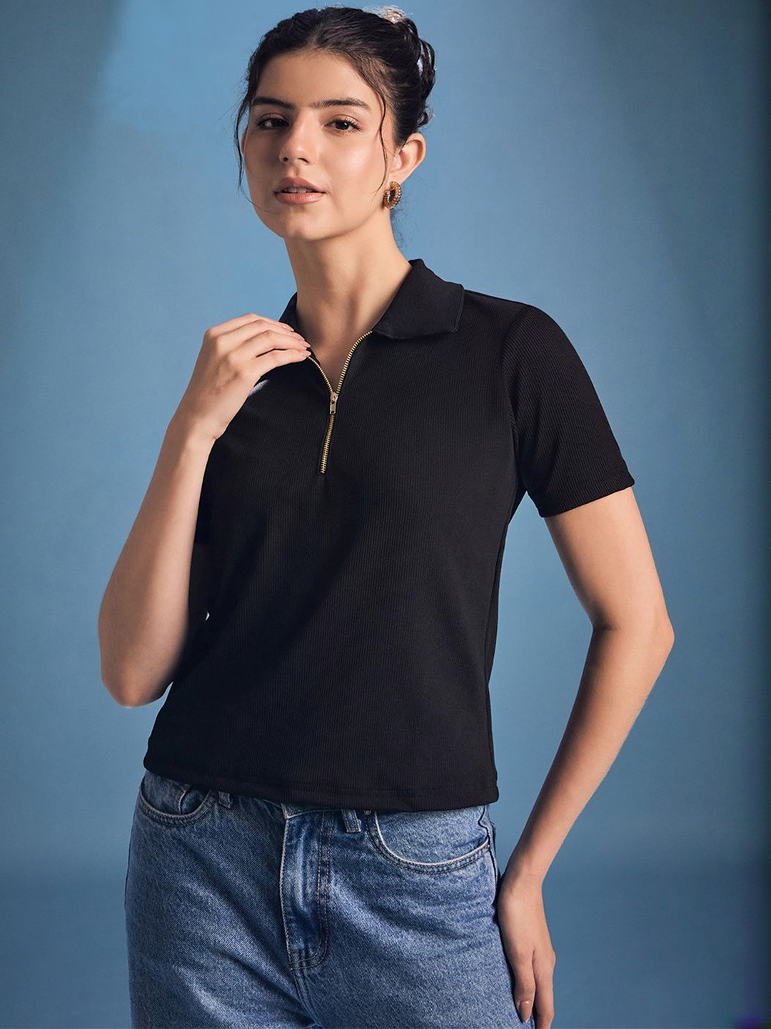 Uptownie Stretchable Front Zip Up Ribbed Top