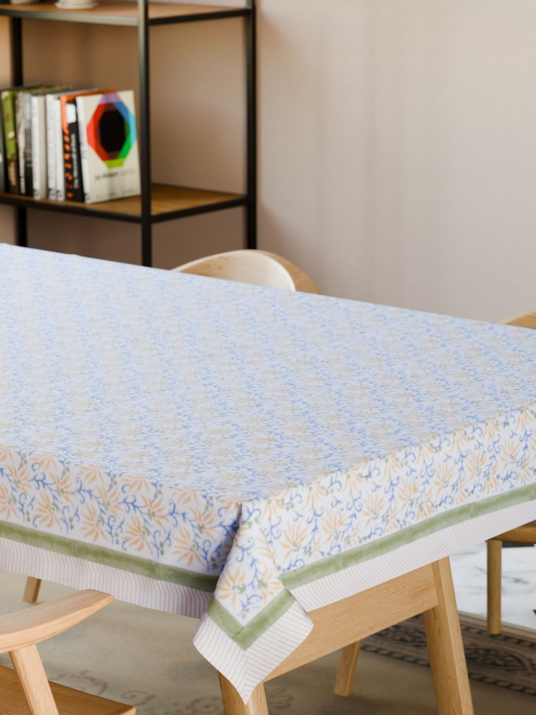 Eyaas White & Yellow Lily Block Printed Cotton 6-Seater Table Cover