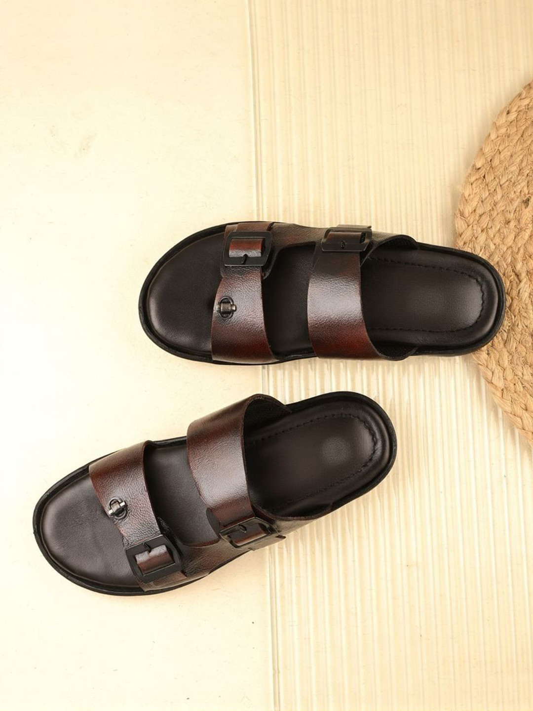 BELLION Men Comfort Leather Sandals with Buckle Detail
