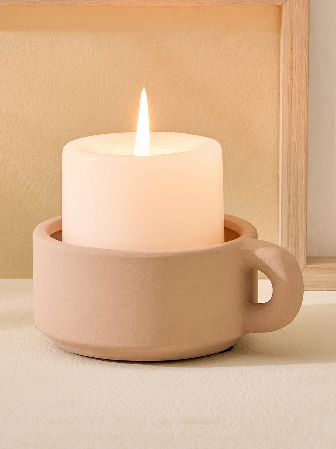 Home Centre Beige Cup Shaped Ceramic Candle Holder with Handle