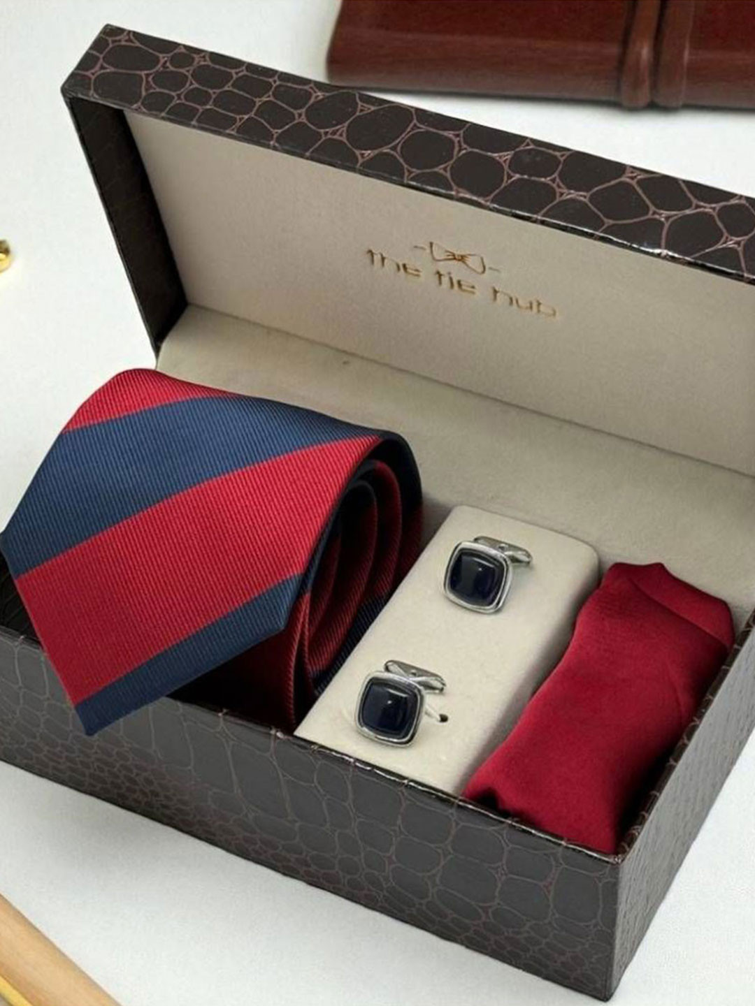 The Tie Hub Men Striped Microfiber Necktie with Pocket Square & Enamel Cufflinks Gift Set