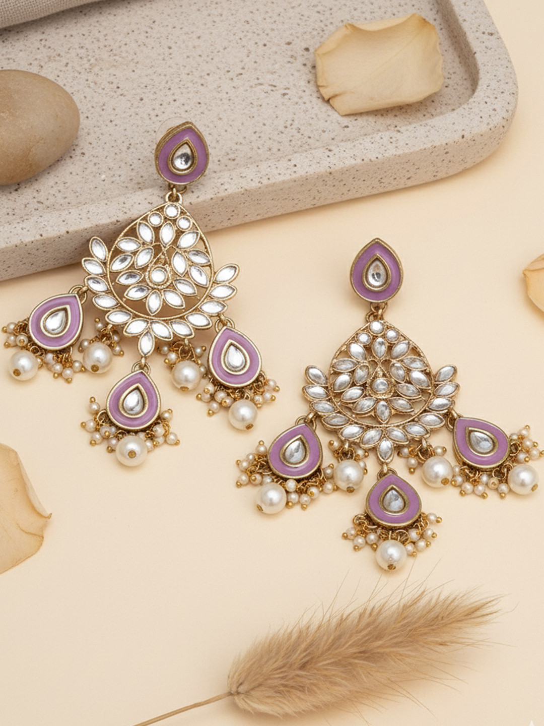 KARATCART Purple Gold Plated Meena Kundan Dangler Drop Earrings