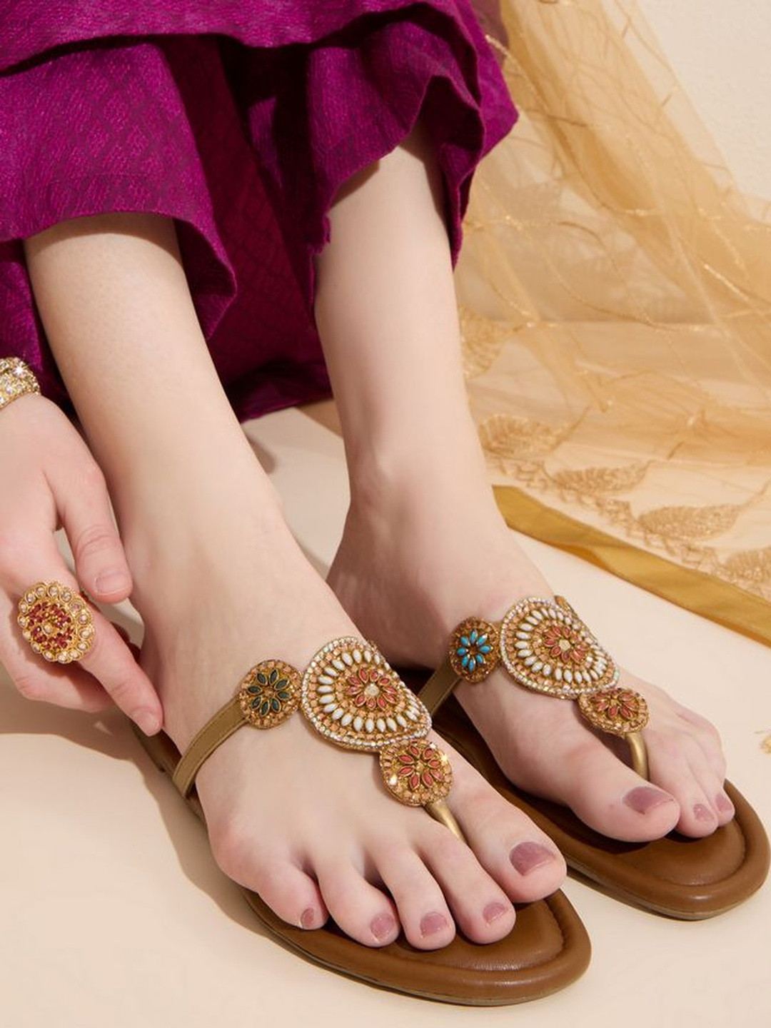 Inc 5 Women Embellished Slip On T-Strap Flats With Beaded