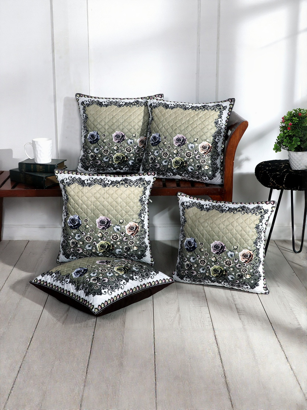 BLUEDOT Beige & Off White Floral Velvet 5 Pieces Square Cushion Covers-16 inch x 16 inch