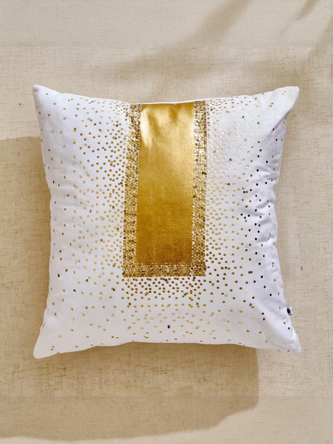 Home Centre Glimmer Luxe Moderna White & Gold Toned Embellished Pre-Filled Cushion