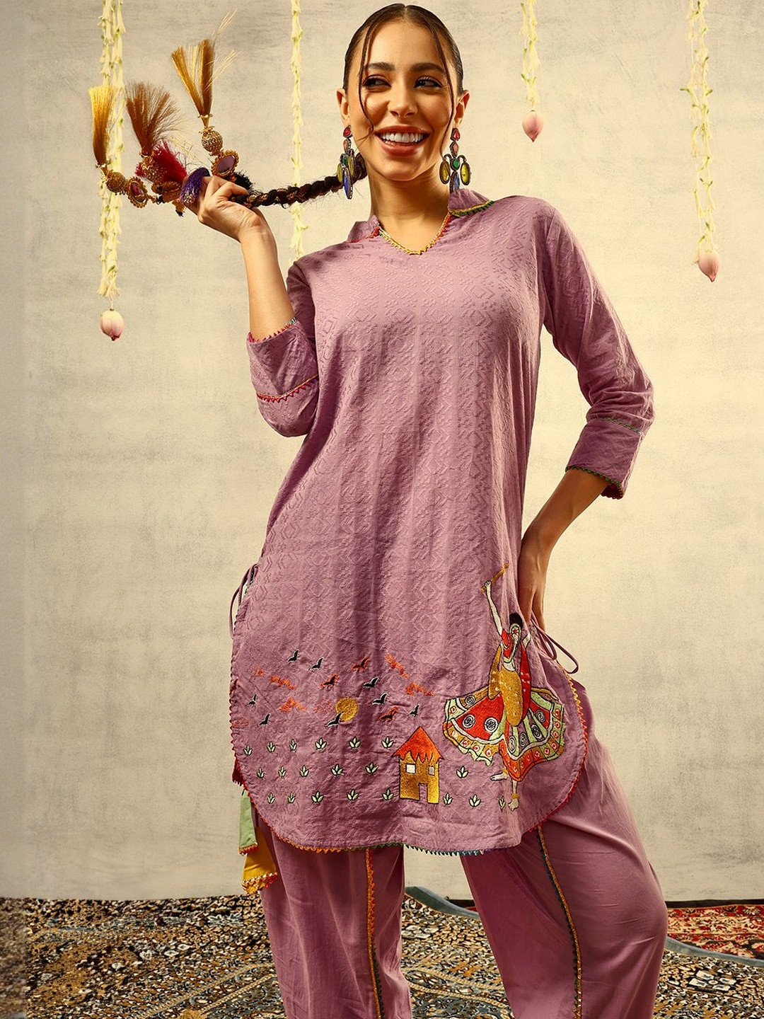 Ishin Purple Bohemian Thread Embroidered Kurta With Dhoti Pants