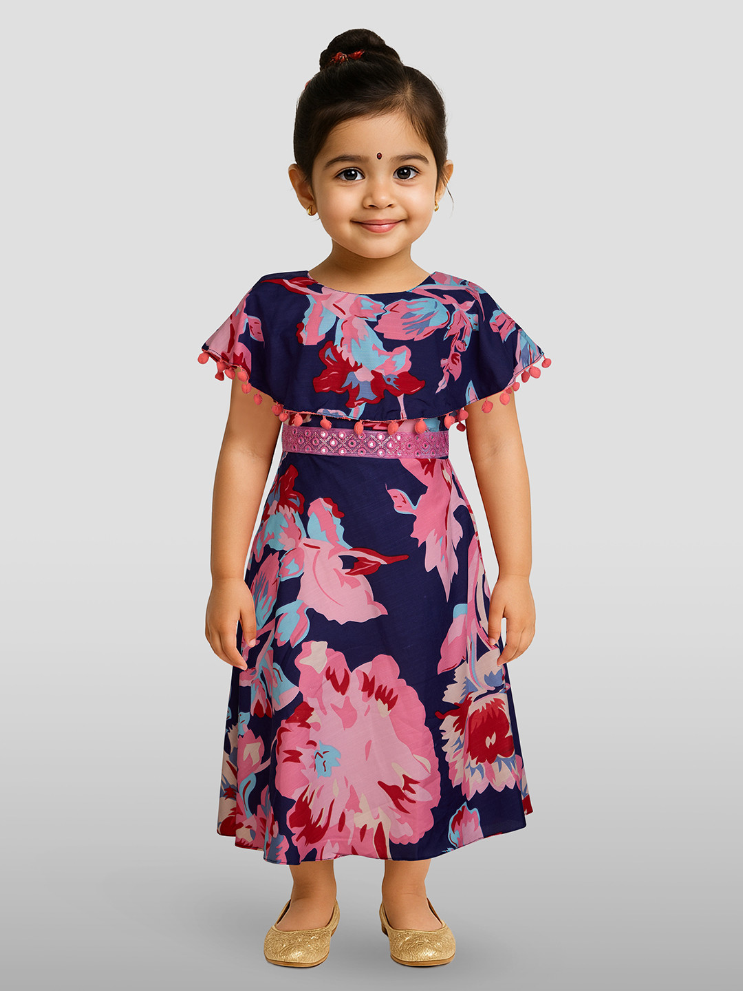 JBN Creation Girl's Floral Printed with Pom-Pom Detail Fit & Flare Maxi Dress