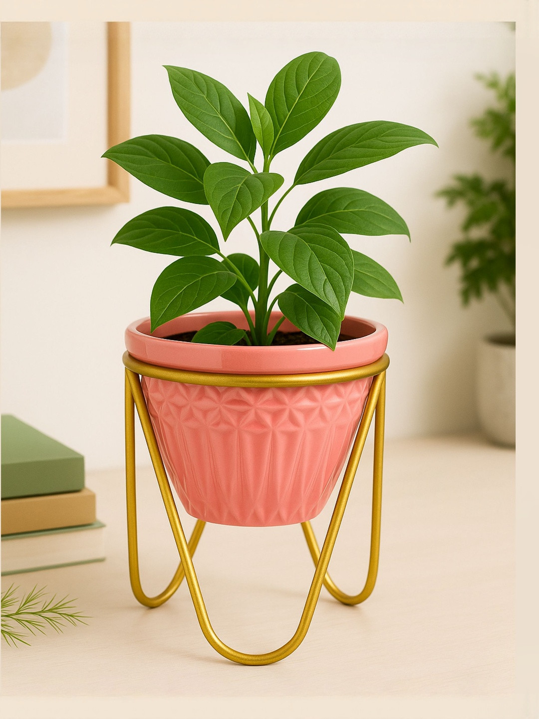 GLOBALLY INDIAN Peach-Coloured & Gold Toned Textured Ceramic Planter With Stand