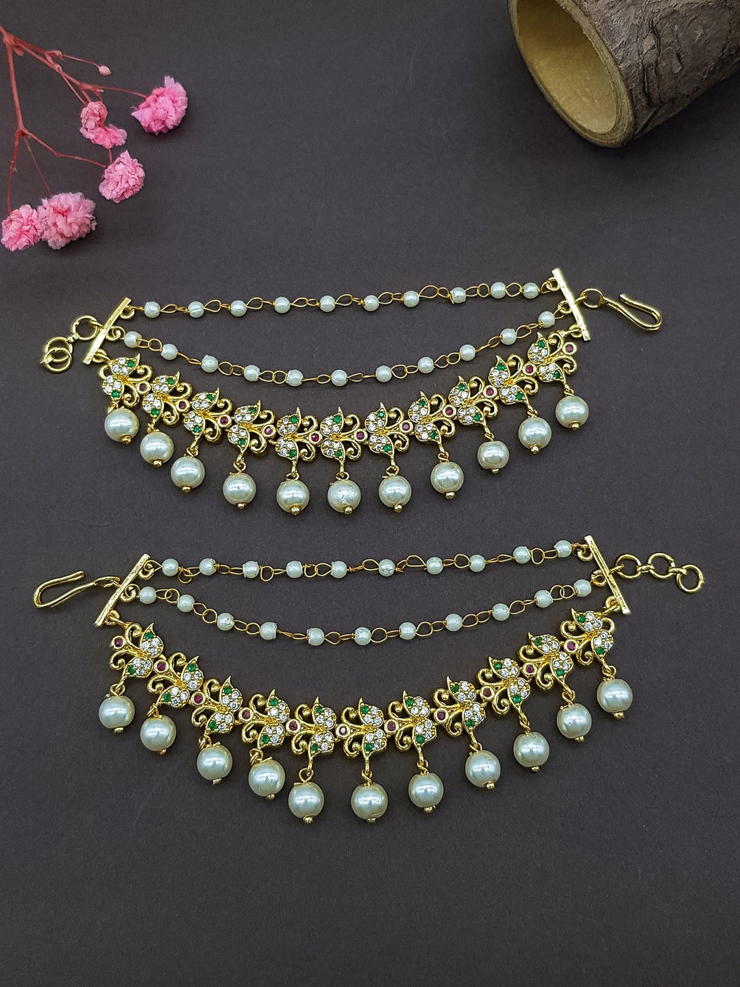 GRIIHAM Gold Plated Cubic Zirconia Studded And Beaded Contemporary Maatil